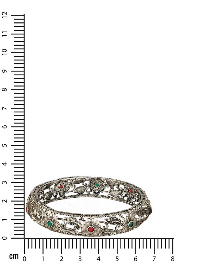 Set Of 2 Oxidised Silver-Toned Green & Red Stone Studded Traditional Bangles-Ba-Js23-60075 : BA-JS23-60075