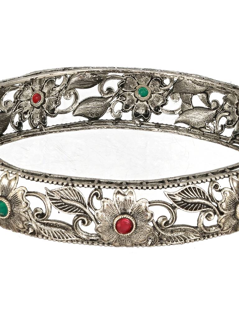 Set Of 2 Oxidised Silver-Toned Green & Red Stone Studded Traditional Bangles-Ba-Js23-60075 : BA-JS23-60075