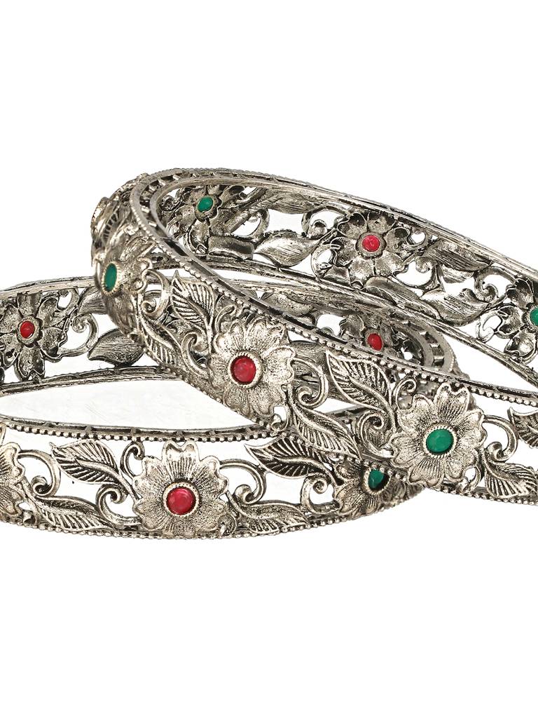 Set Of 2 Oxidised Silver-Toned Green & Red Stone Studded Traditional Bangles-Ba-Js23-60075 : BA-JS23-60075
