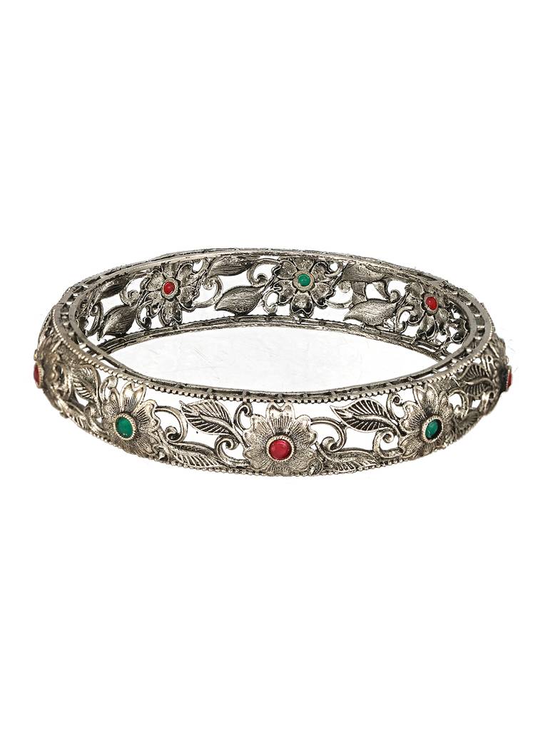 Set Of 2 Oxidised Silver-Toned Green & Red Stone Studded Traditional Bangles-Ba-Js23-60075 : BA-JS23-60075
