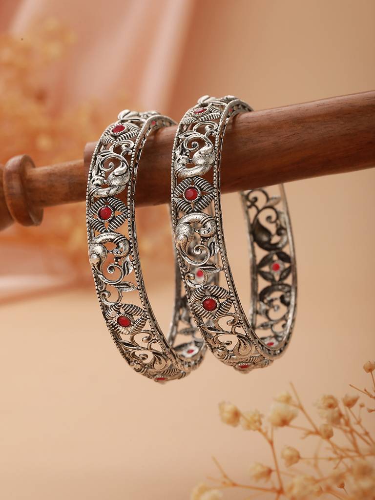 Set Of 2 Oxidised Silver-Toned & Red Stone Studded Peacock Traditional Bangles-Ba-Js23-60077 : BA-JS23-60077