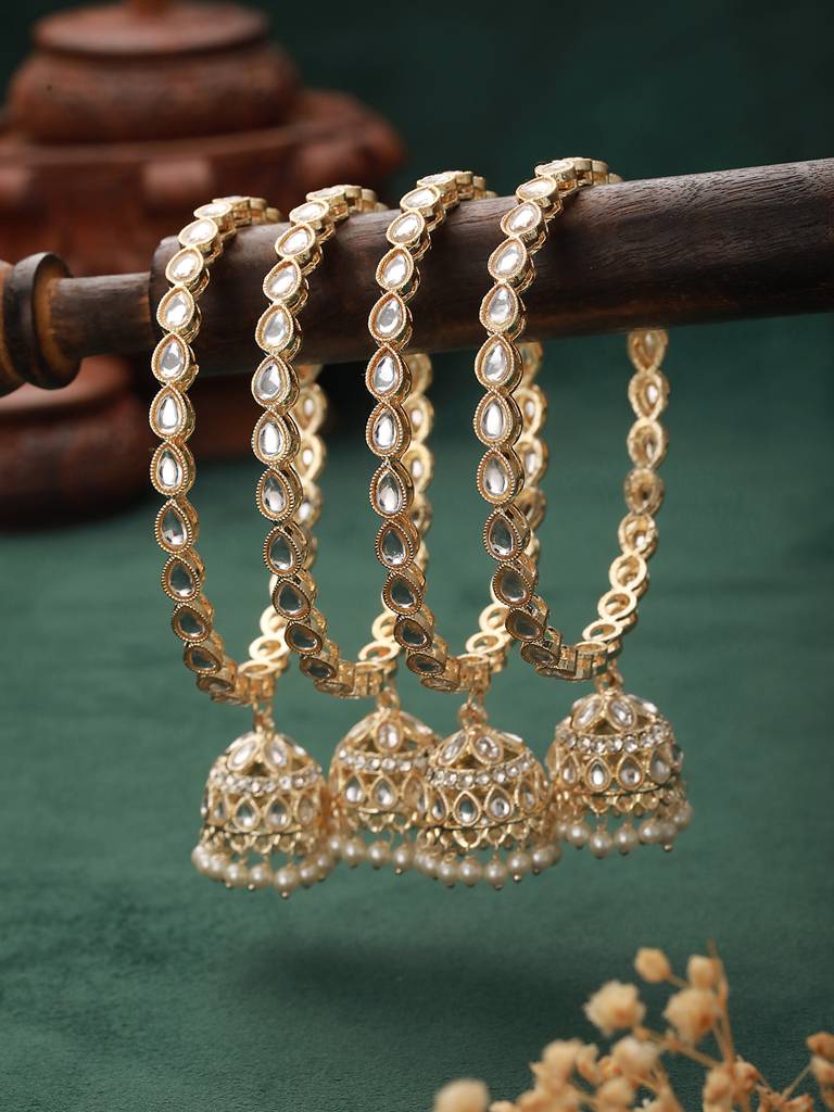 Set Of 4 22K Gold-Plated White Kundan-Studded & Pearl Beaded Handcrafted Bangle-Ba-Js23-60079 : BA-JS23-60079