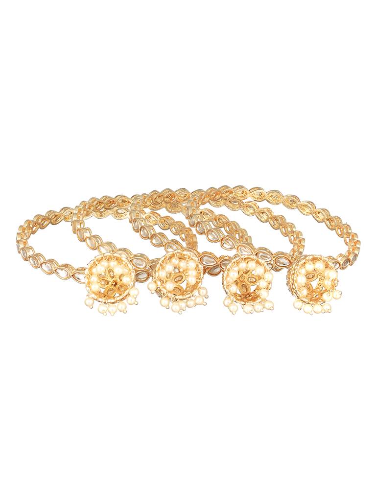 Set Of 4 22K Gold-Plated White Kundan-Studded & Pearl Beaded Handcrafted Bangle-Ba-Js23-60079 : BA-JS23-60079