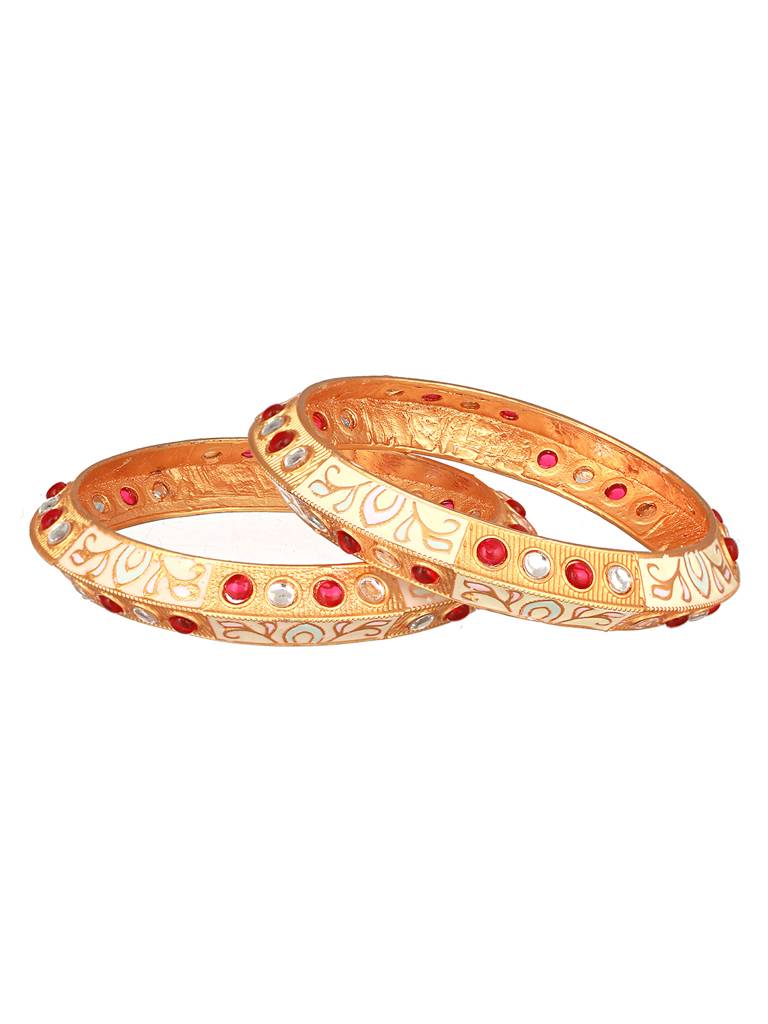 Set Of 2 Gold-Plated Red & White Kundan-Studded Meenakari Bangles-Ba-Js23-60089 : BA-JS23-60089