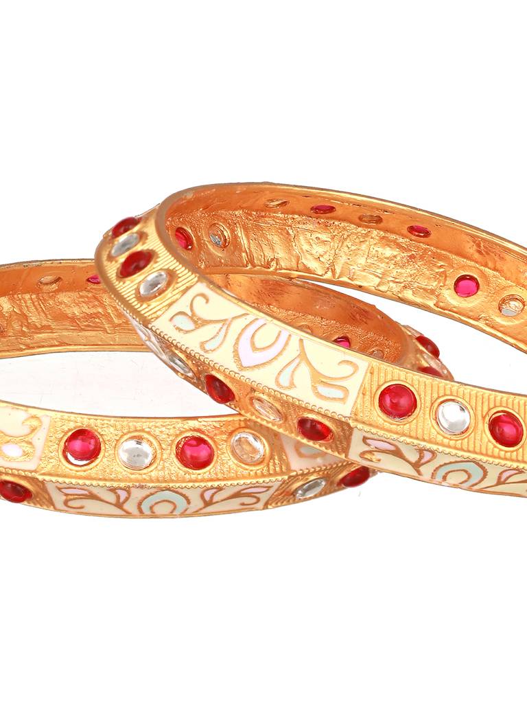 Set Of 2 Gold-Plated Red & White Kundan-Studded Meenakari Bangles-Ba-Js23-60089 : BA-JS23-60089
