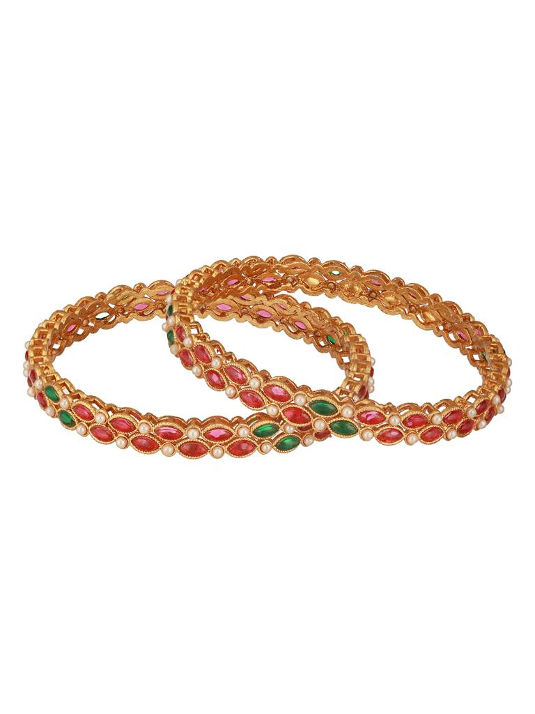 Set Of 2 18K Gold-Plated Gemstones Studded & Pearl Beaded Bangles : BA-JS24-60095-24