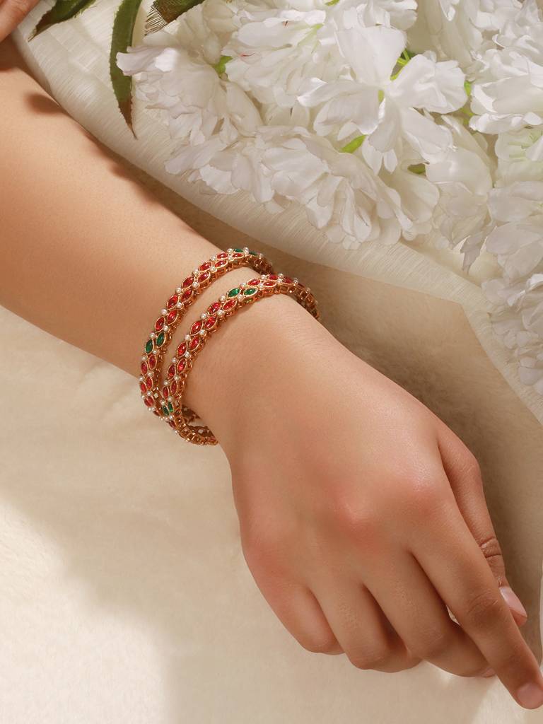 Set Of 2 18K Gold-Plated Gemstones Studded & Pearl Beaded Bangles : BA-JS24-60095-24