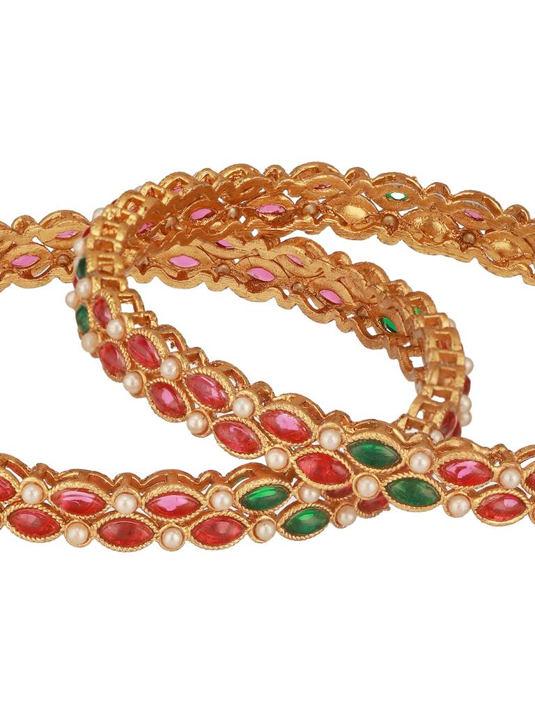 Set Of 2 18K Gold-Plated Gemstones Studded & Pearl Beaded Bangles : BA-JS24-60095-24