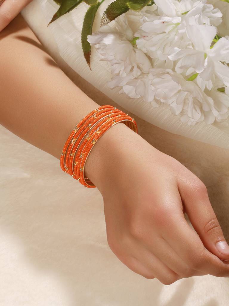 Set Of 12 Gold-Plated Stone-Studded & Beaded Bangles : BA-JS24-60098-24