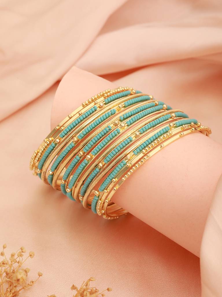 Set Of 12 Gold-Plated Stone-Studded & Beaded Bangles : BA-JS24-60100-24