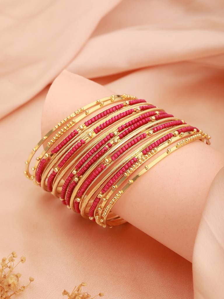 Set Of 12 Gold-Plated Stone-Studded & Beaded Bangles : BA-JS24-60101-24