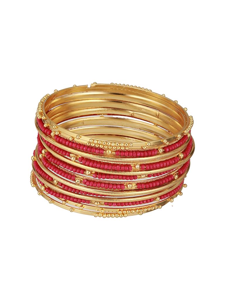 Set Of 12 Gold-Plated Stone-Studded & Beaded Bangles : BA-JS24-60101-24