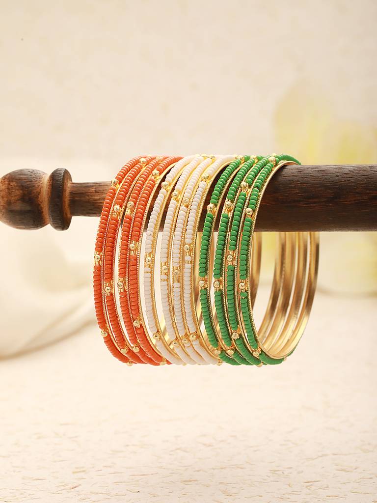 Set Of 12 Gold-Plated Stone-Studded & Beaded Bangles : BA-JS24-60104-24