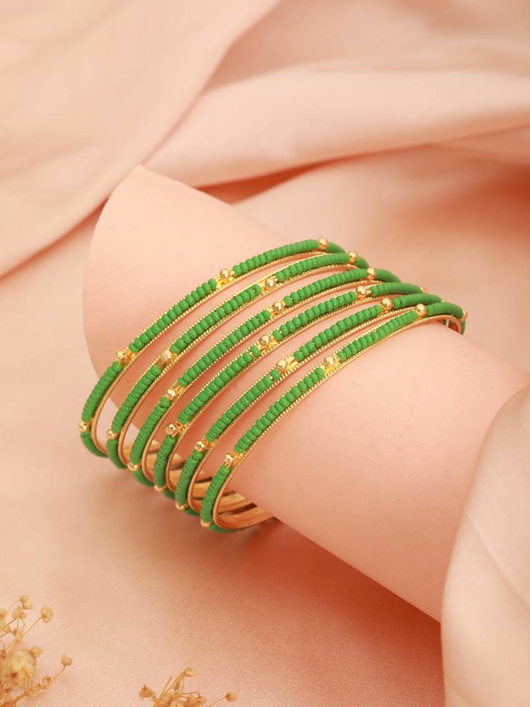 Set Of 12 Gold-Plated Stone-Studded & Beaded Bangles : BA-JS24-60105-26