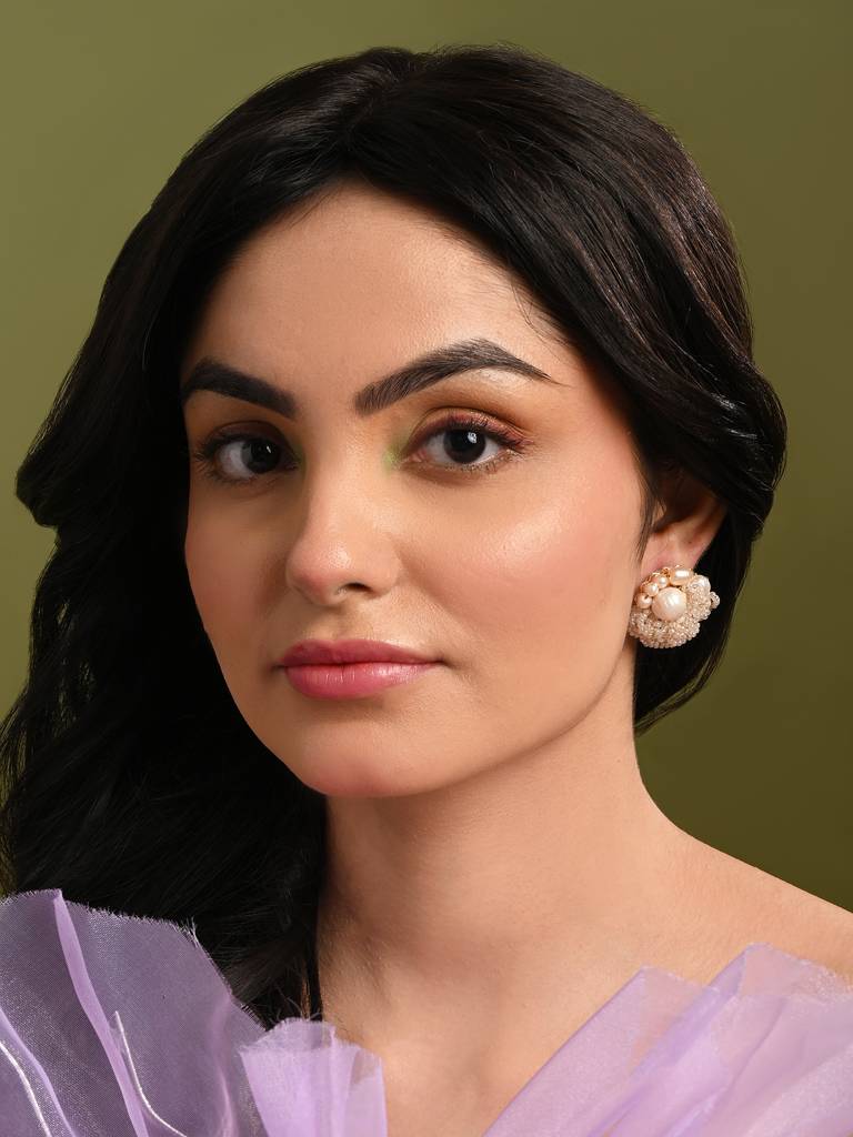 Gold Plated Round Flower Pearl Earrings Peach Crystal : BE-513-01PEACH