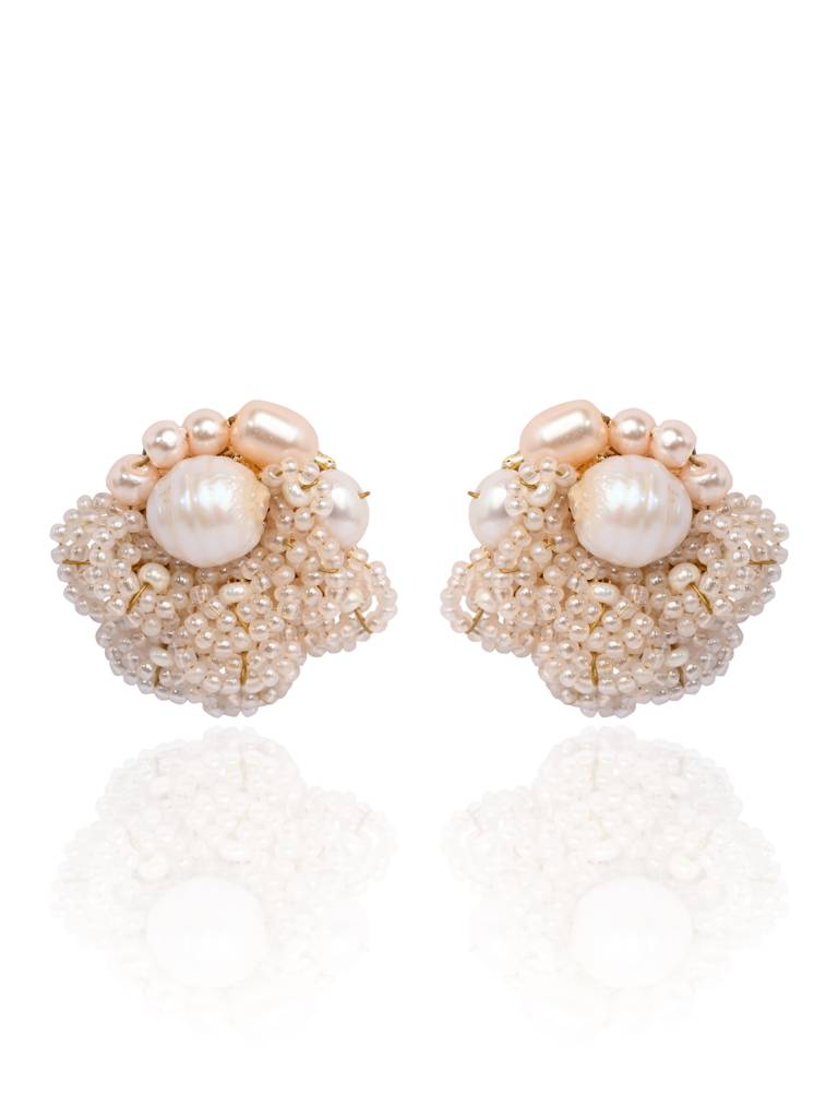 Gold Plated Round Flower Pearl Earrings Peach Crystal : BE-513-01PEACH