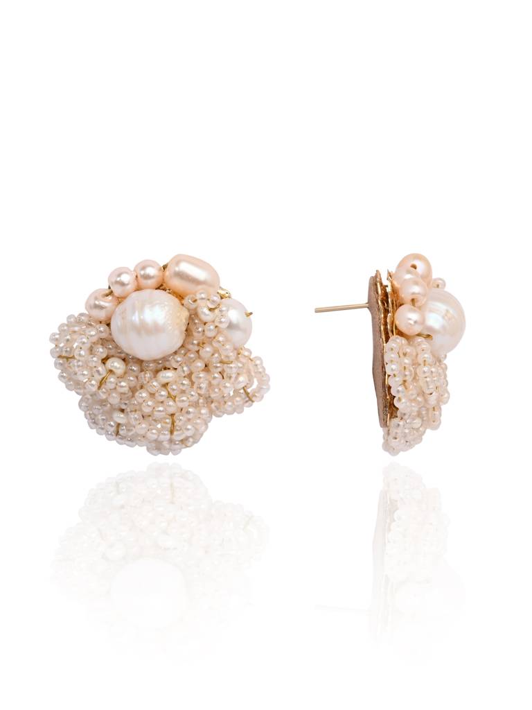 Gold Plated Round Flower Pearl Earrings Peach Crystal : BE-513-01PEACH