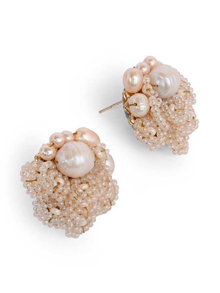 Gold Plated Round Flower Pearl Earrings Peach Crystal : BE-513-01PEACH