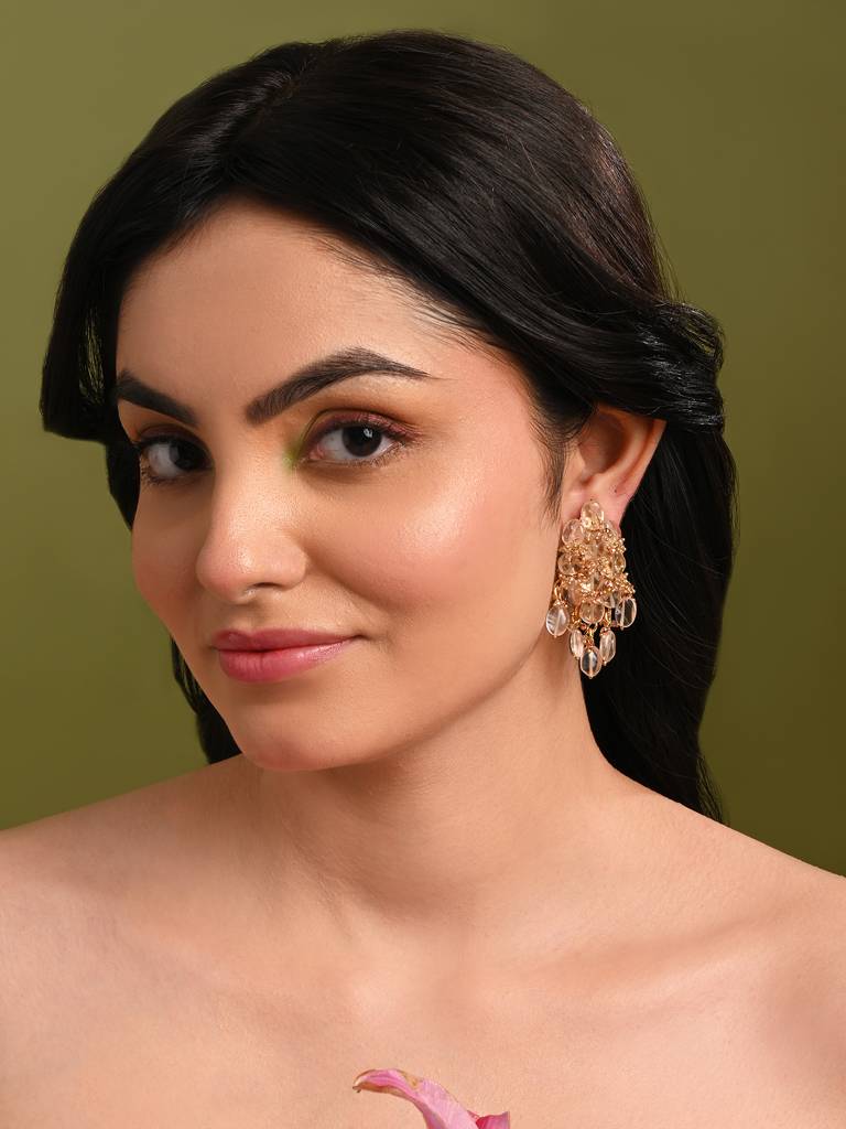 Peach Stone Oval Shape Earrings With Pink Crystal : BE-519-01PINK