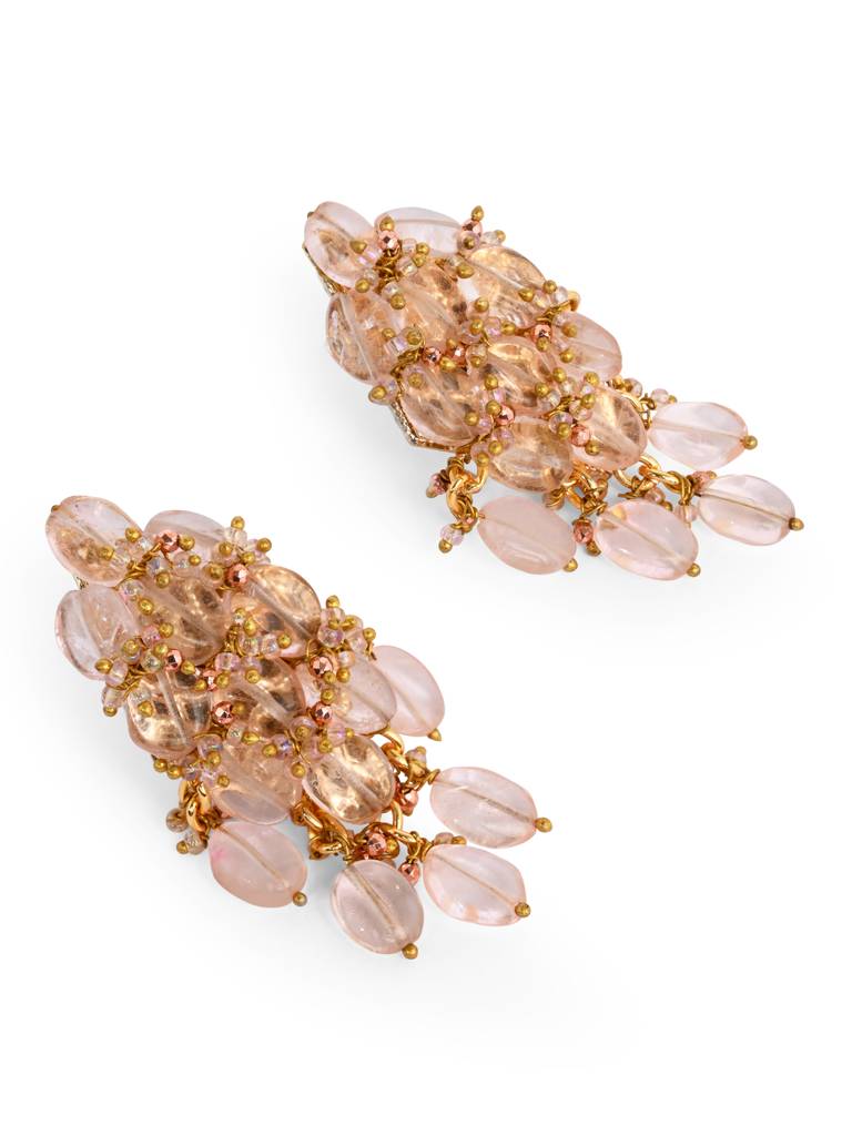 Peach Stone Oval Shape Earrings With Pink Crystal : BE-519-01PINK