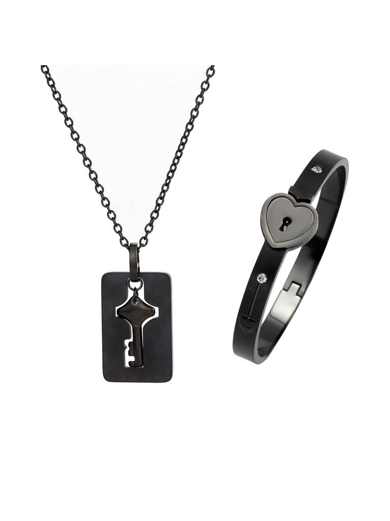 Black Lock And Key Love Bracelet And Necklace Set For Women & Girls : BN24336-BLK