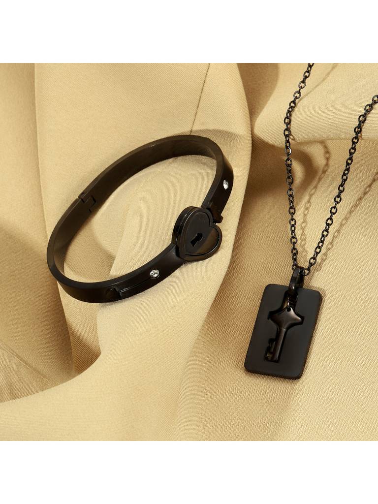 Black Lock And Key Love Bracelet And Necklace Set For Women & Girls : BN24336-BLK