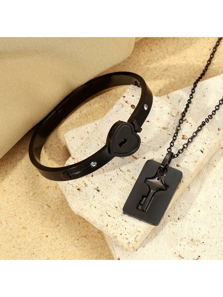 Black Lock And Key Love Bracelet And Necklace Set For Women & Girls : BN24336-BLK