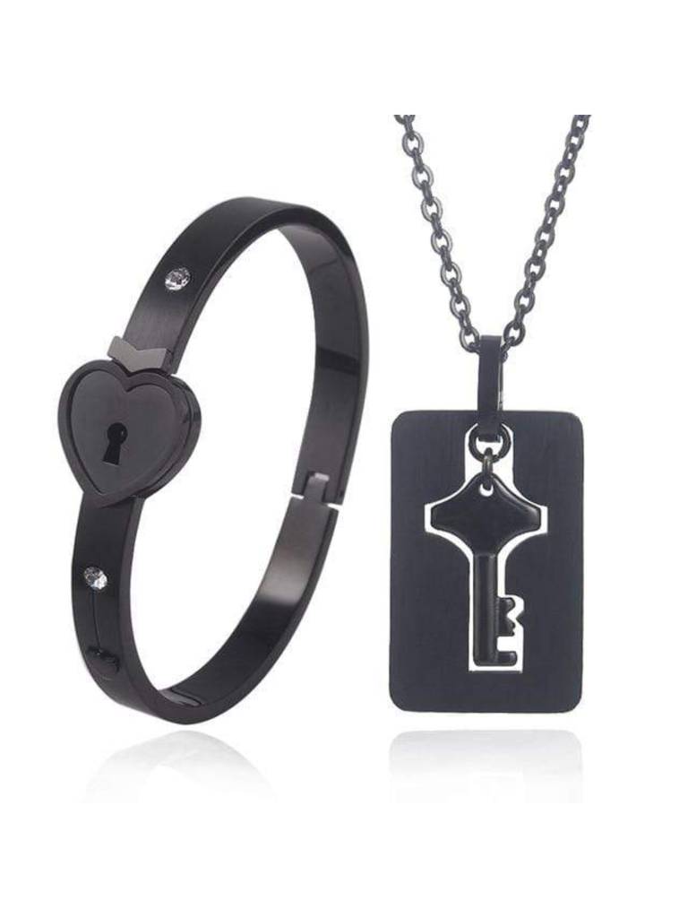 Black Lock And Key Love Bracelet And Necklace Set For Women & Girls : BN24336-BLK