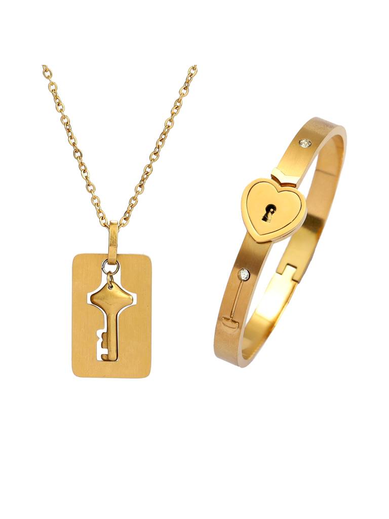 Golden Lock And Key Love Bracelet And Necklace Set For Women & Girls : BN24336-G