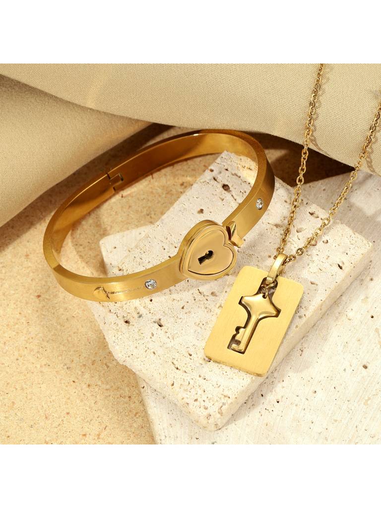 Golden Lock And Key Love Bracelet And Necklace Set For Women & Girls : BN24336-G