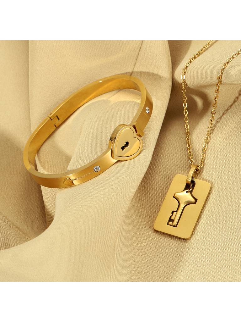 Golden Lock And Key Love Bracelet And Necklace Set For Women & Girls : BN24336-G