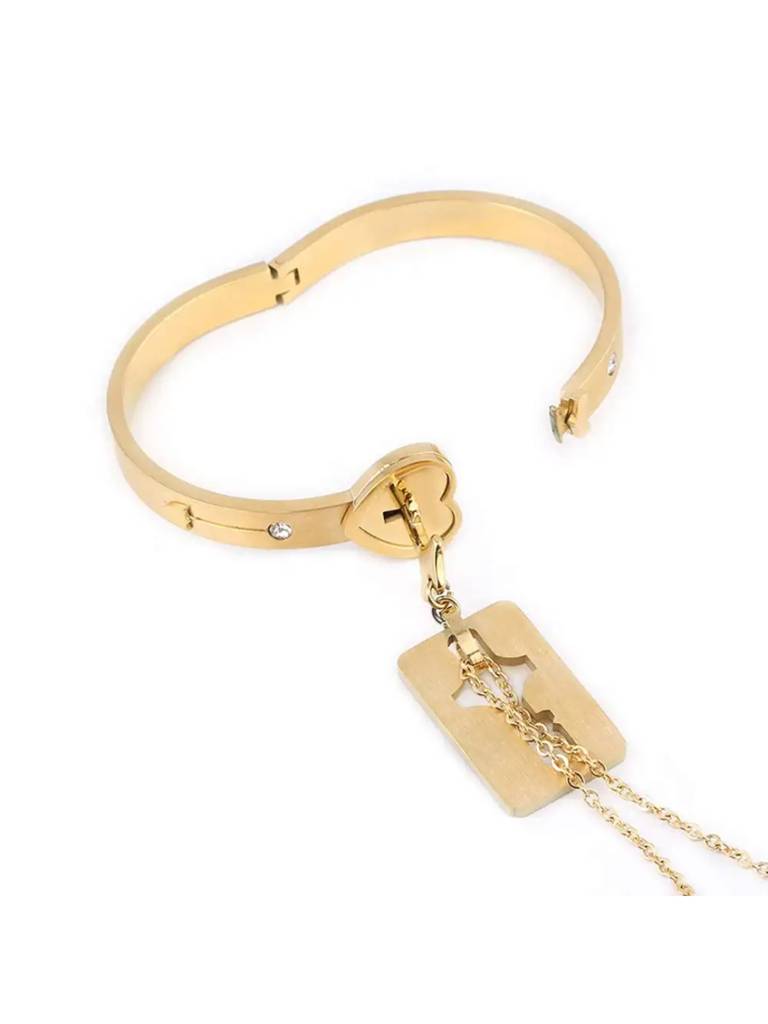 Golden Lock And Key Love Bracelet And Necklace Set For Women & Girls : BN24336-G