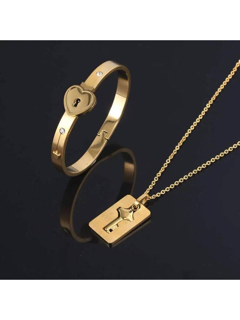 Golden Lock And Key Love Bracelet And Necklace Set For Women & Girls : BN24336-G