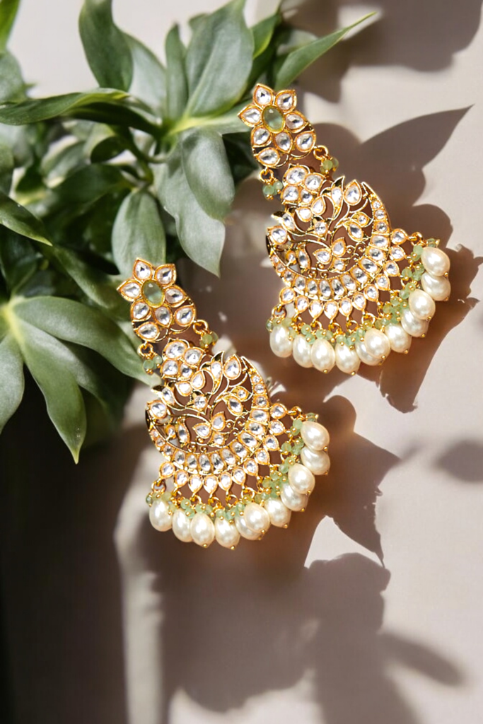 Gold Finish Kundan Polki & Pearl Chandbali Earrings : BP-ER-10