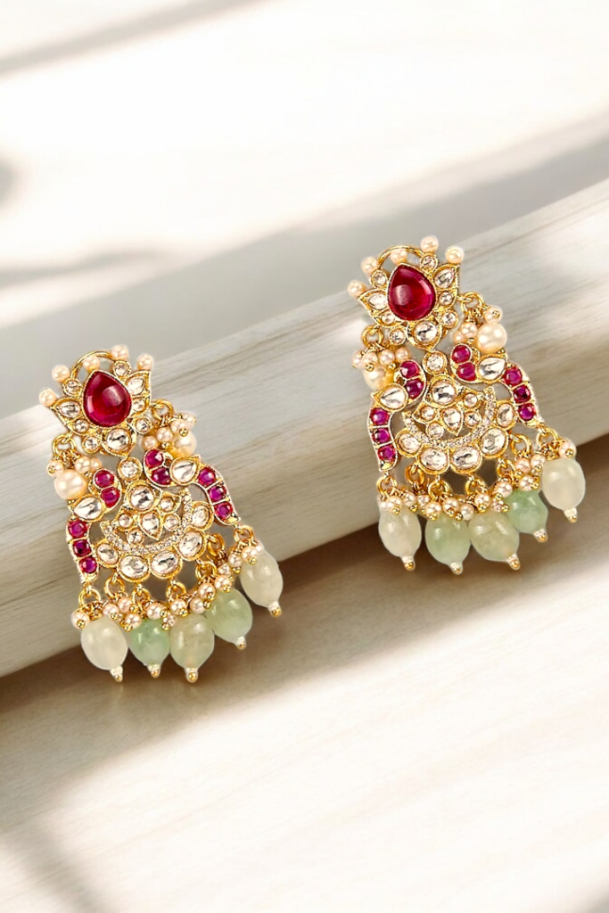 Gold Finish Kundan Polki & Pearl Drop Chandbali Earrings : BP-ER-11