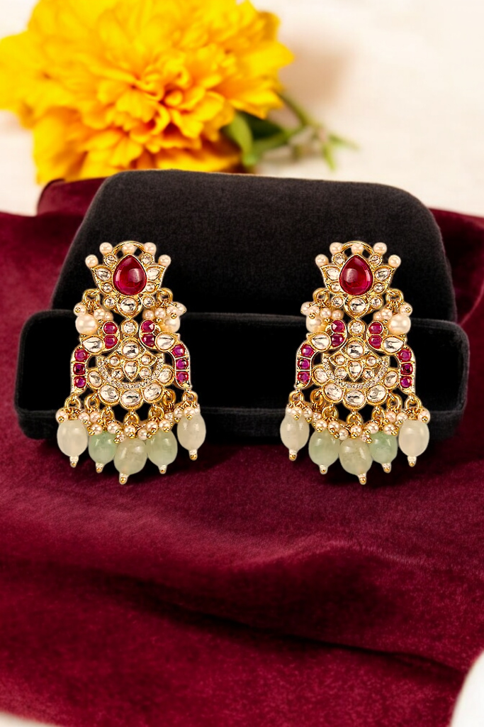 Gold Finish Kundan Polki & Pearl Drop Chandbali Earrings : BP-ER-11
