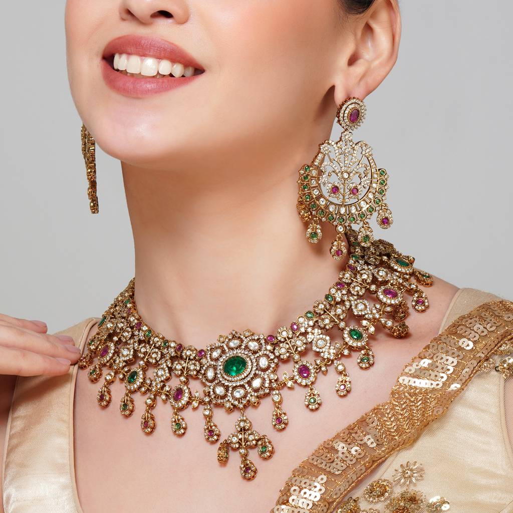 Multi Kundan Necklace Set With Chand Bali Earrings : BP-NK-106