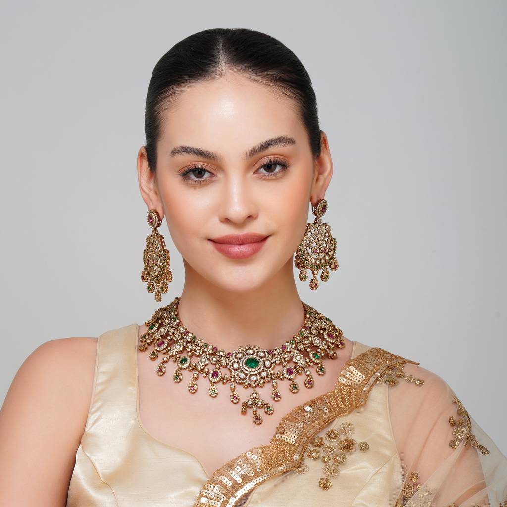 Multi Kundan Necklace Set With Chand Bali Earrings : BP-NK-106