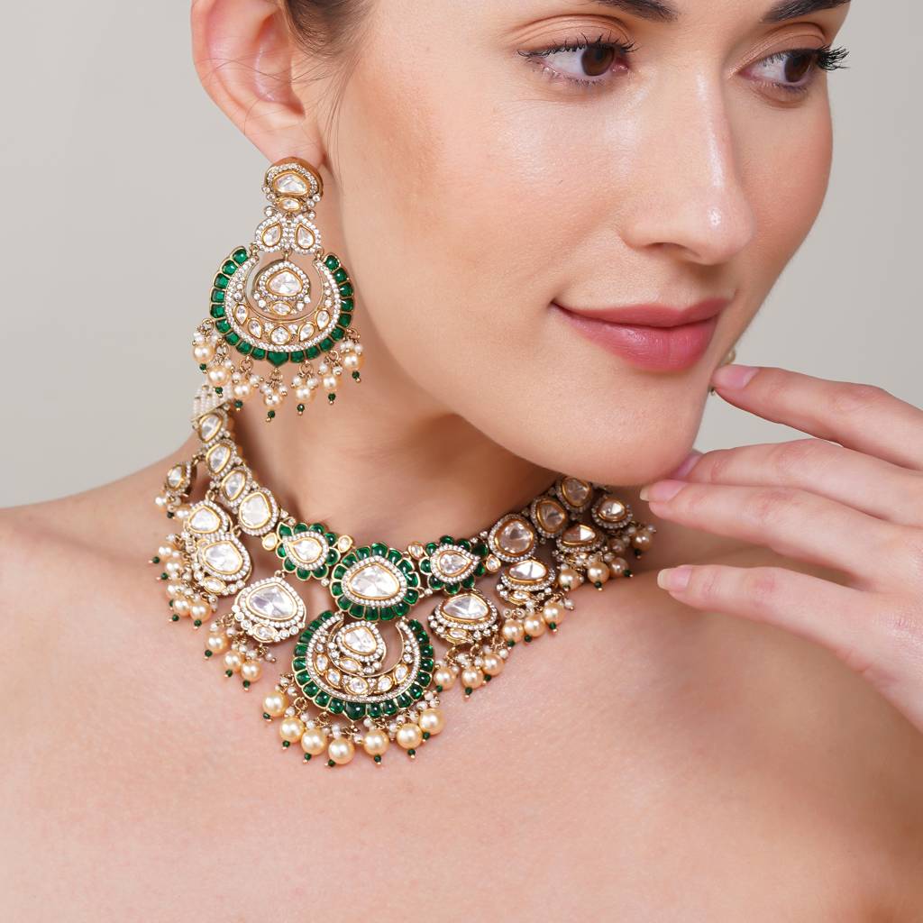 Janhavi Emerald  Kundan Necklace Set : BP-NK-166