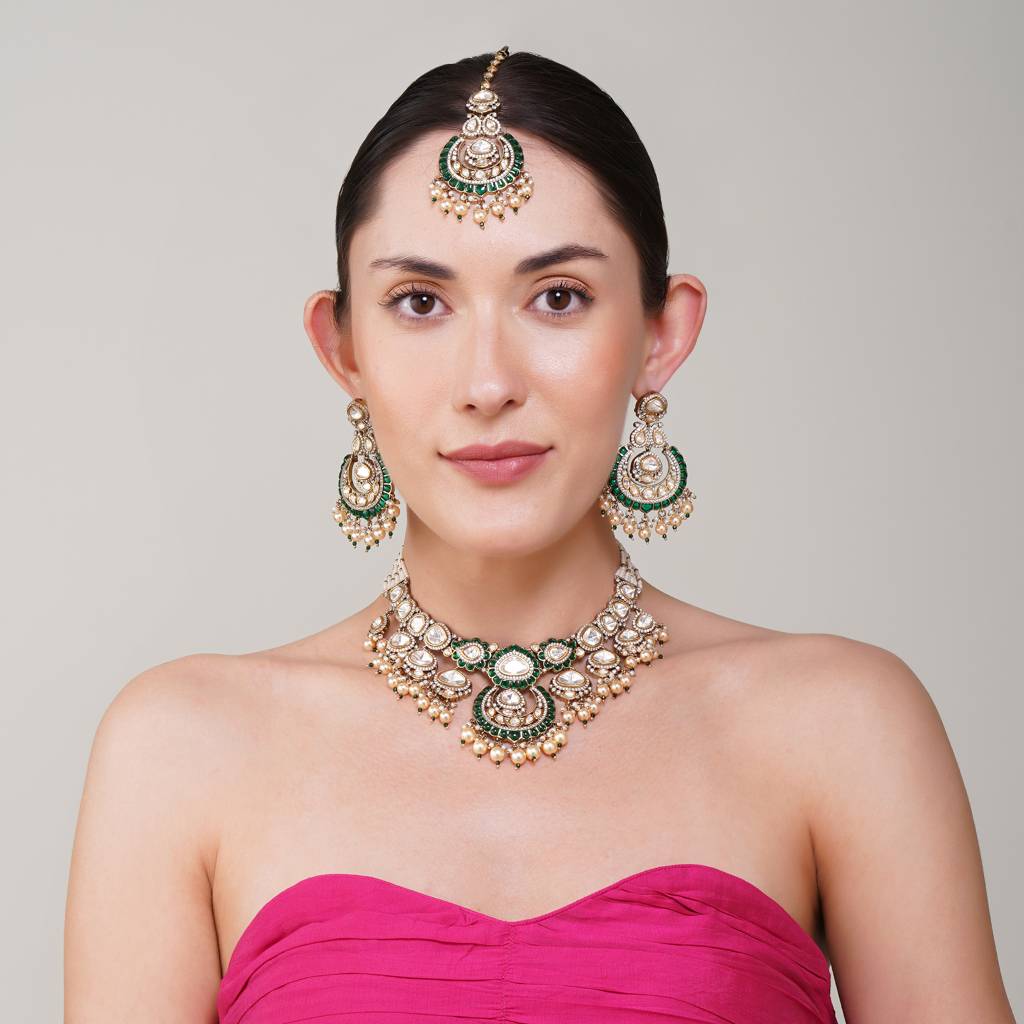 Janhavi Emerald  Kundan Necklace Set : BP-NK-166