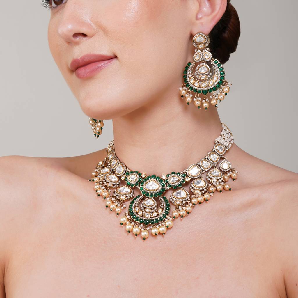 Janhavi Emerald  Kundan Necklace Set : BP-NK-166