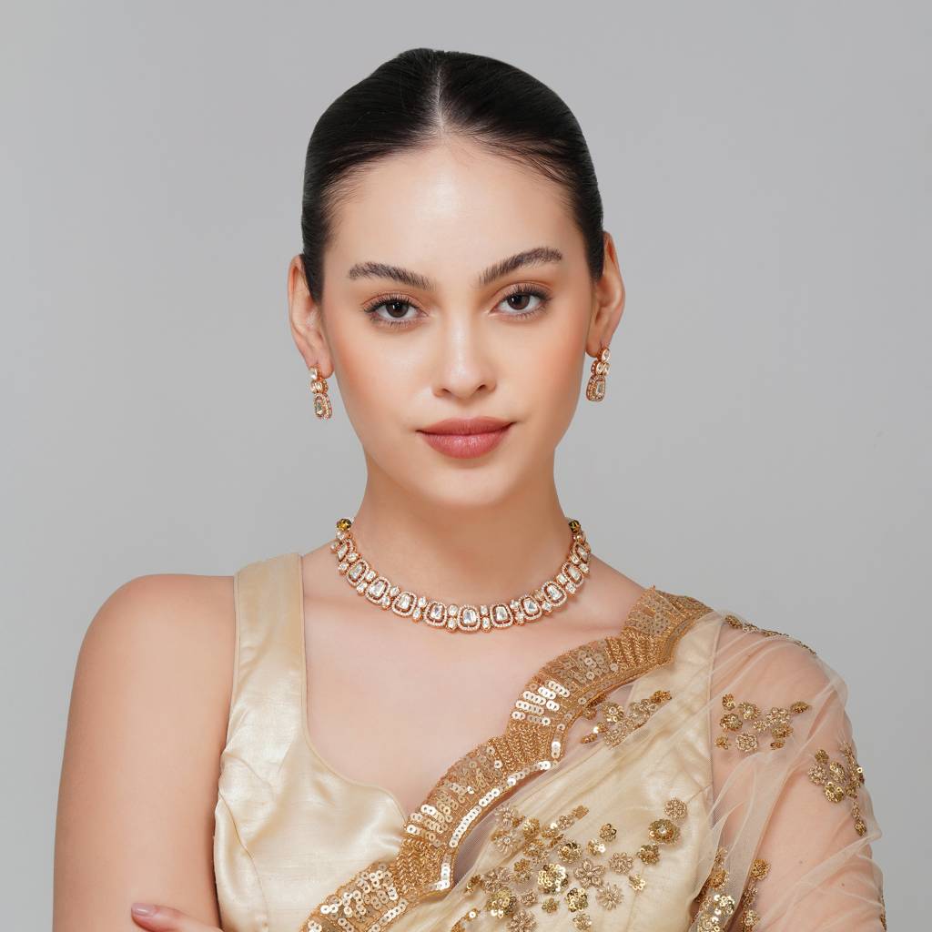 Gold Plated Single Line Kundan Necklace With Zircon : BP-NK-25