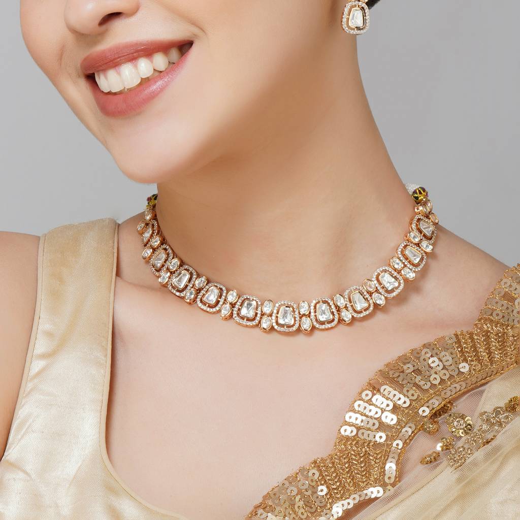 Gold Plated Single Line Kundan Necklace With Zircon : BP-NK-25