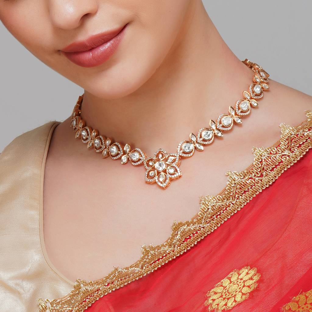 Gold Plated Flower Design Kundan Necklace : BP-NK-26