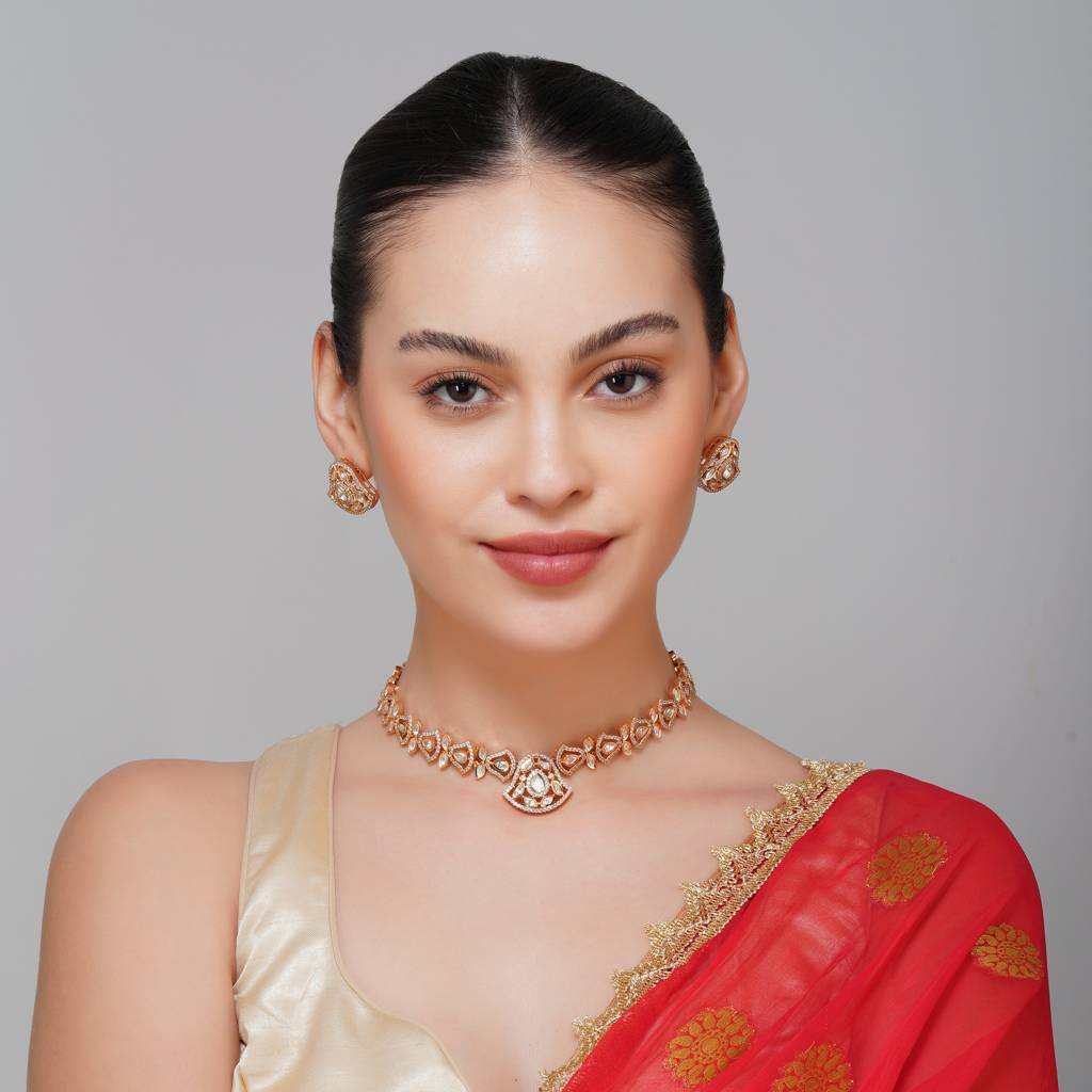 Single Line Kundan Necklace With Zircon In Gold Plating : BP-NK-27