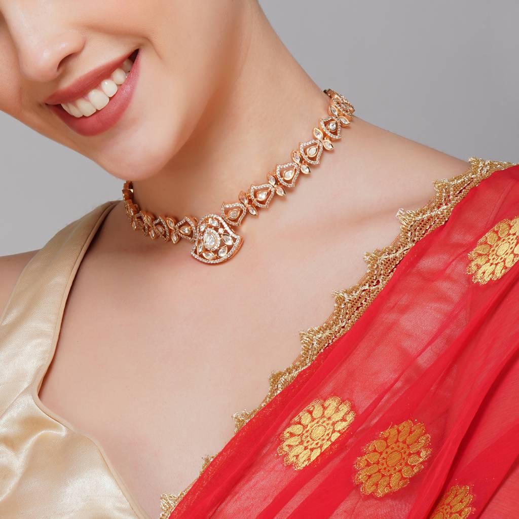 Single Line Kundan Necklace With Zircon In Gold Plating : BP-NK-27