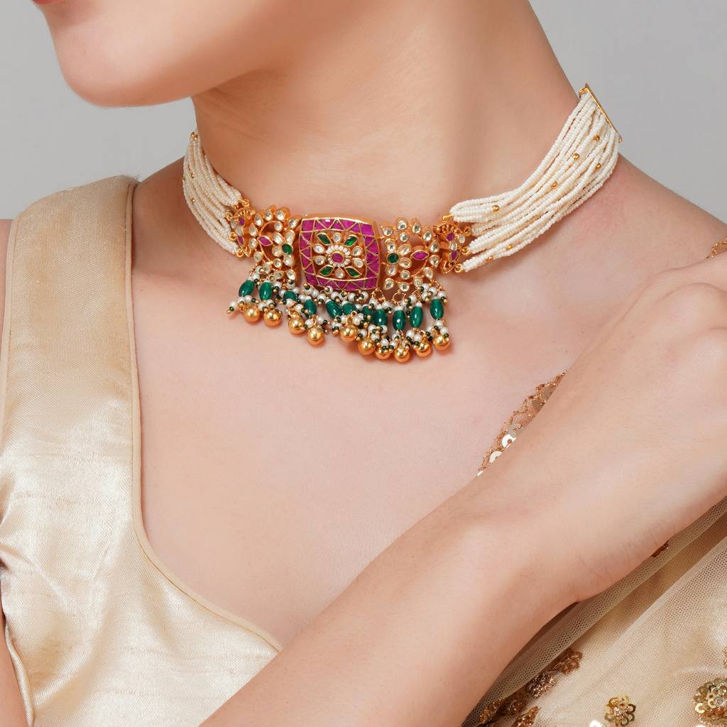 Floral Gold Plated Pachi Kundan Choker : BP-NK-37