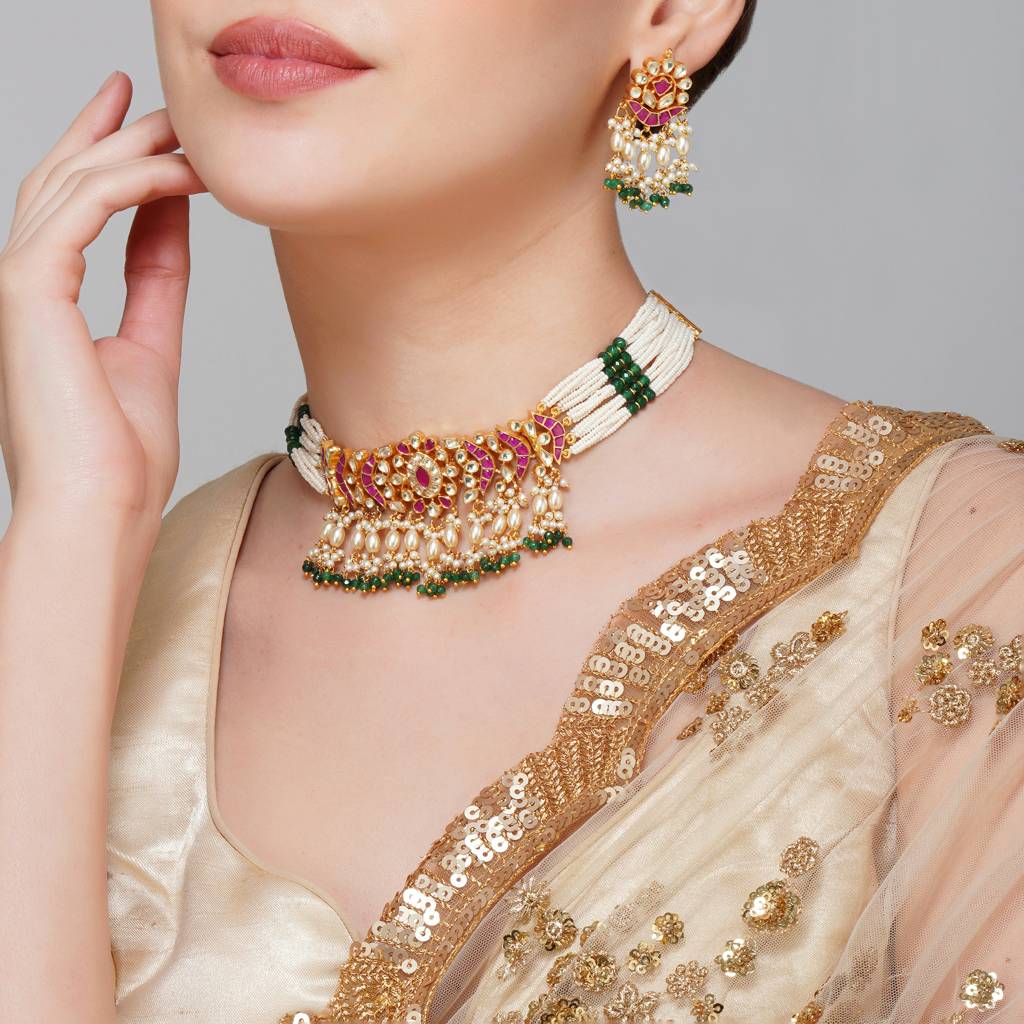 Gold Plated Green Pearls Multi Kundan Choker : BP-NK-40