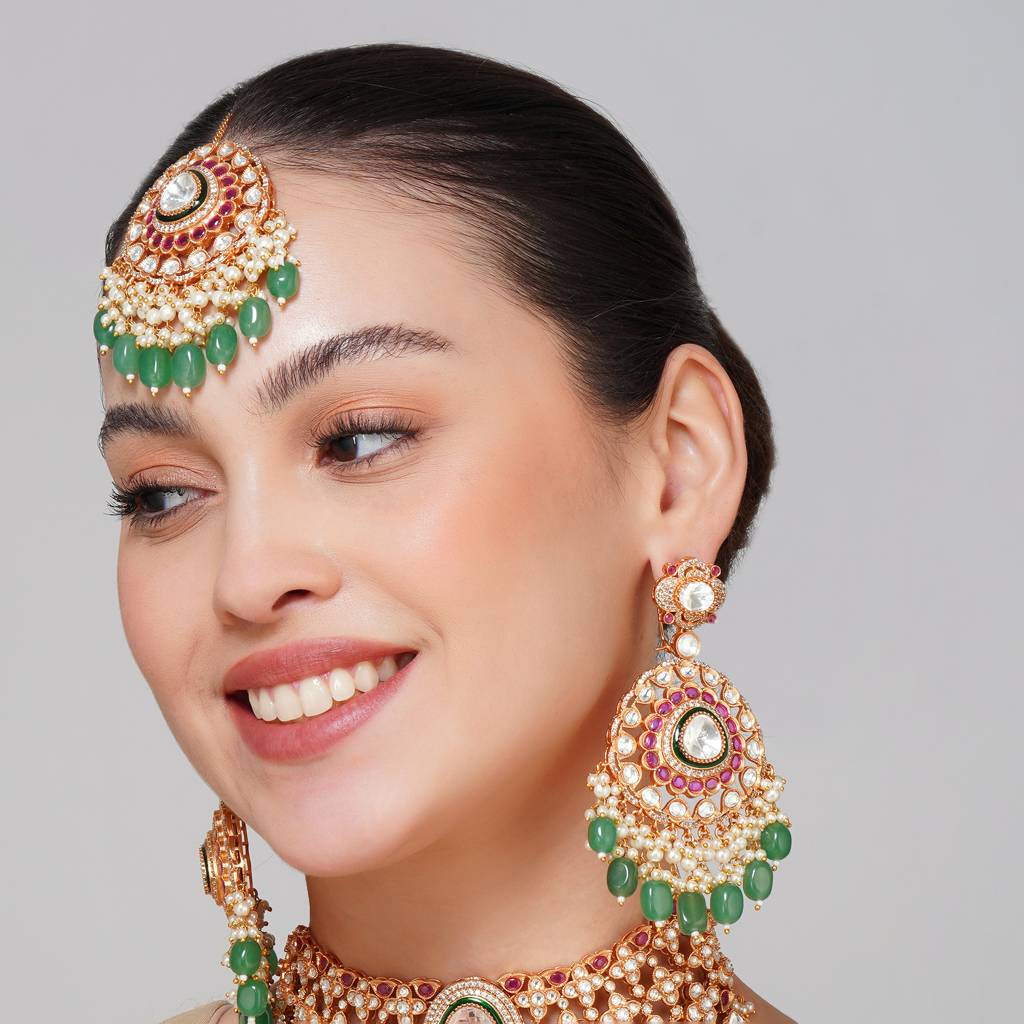 Gold Finish Multi Kundan Choker Necklace With Chandbali And Maangtikka : BP-NK-88