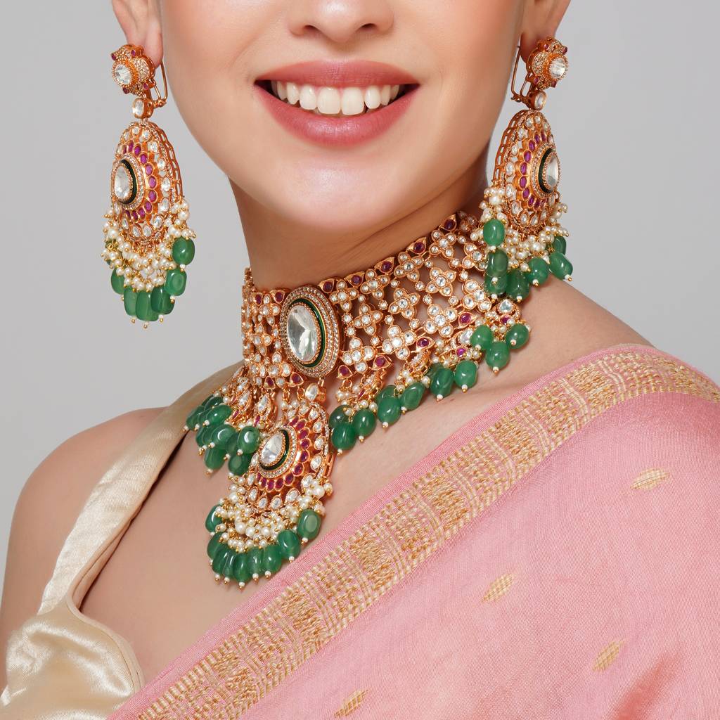 Gold Finish Multi Kundan Choker Necklace With Chandbali And Maangtikka : BP-NK-88